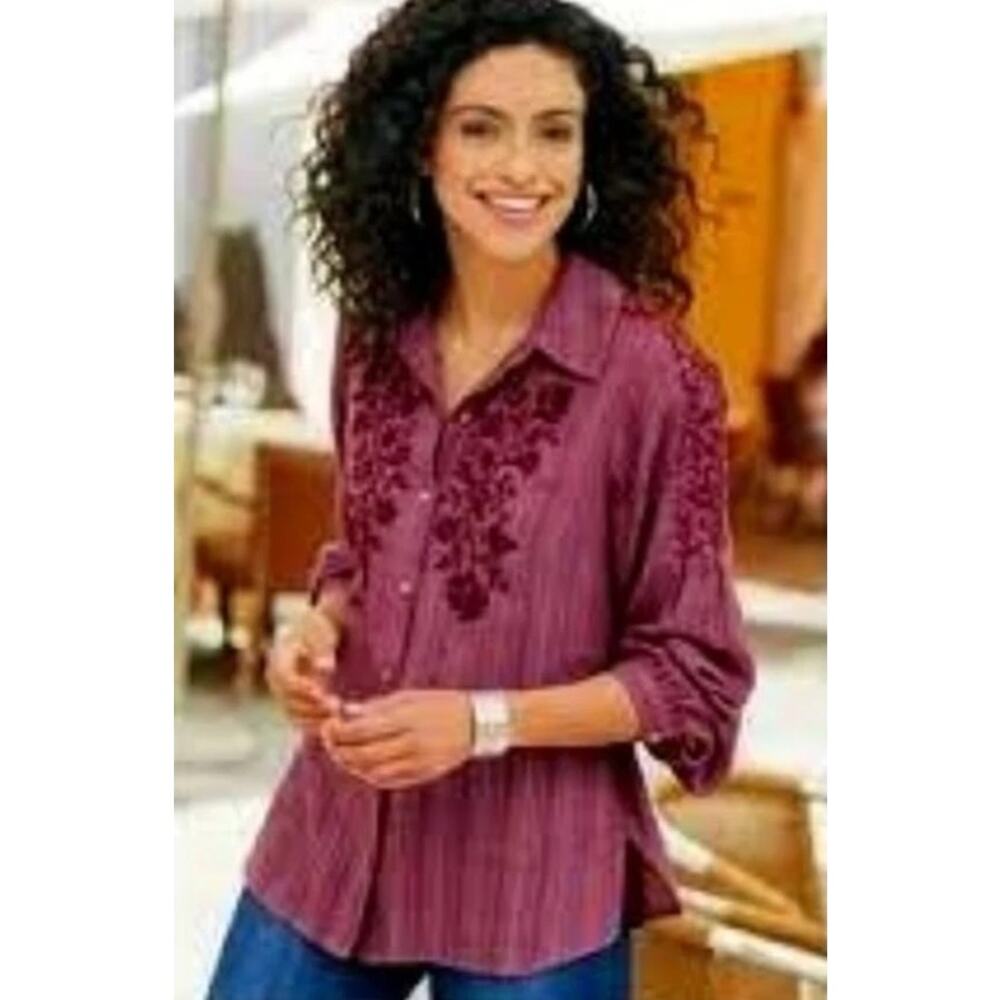 Soft Surroundings Peralta Button Front Embroidered Blouse Plum Womens Size Small
